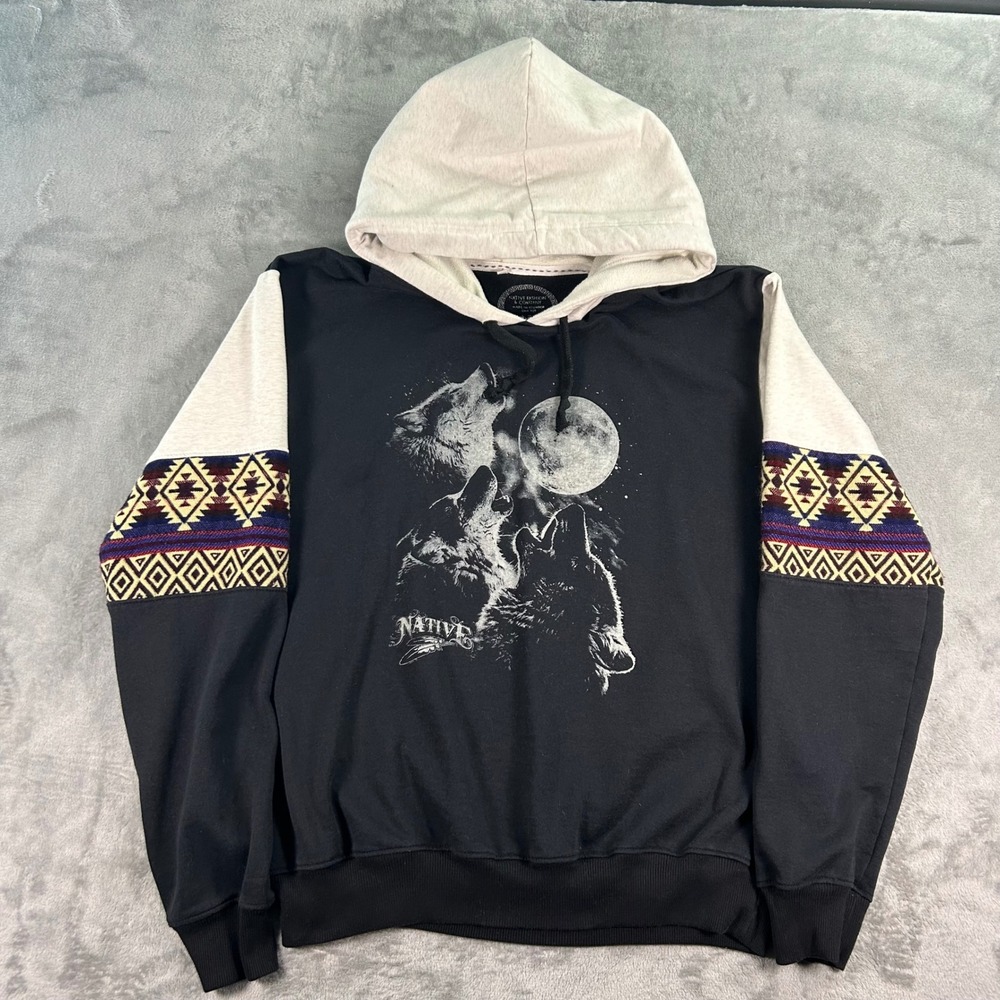 Native Fashion & Co Wolf Moon Hoodie Black Gray Southwest Geometric Ecuador L